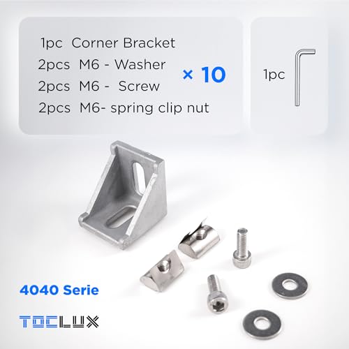 Image of 10 Sets Silver 4040 Aluminum Extrusion Connector Kit - 10pcs Corner Brackets, 20pcs M6 Spring T-Nuts & Hex Screws, 1 Hex Wrench - for 8mm T Slot Extruded Aluminum Accessories Hardware