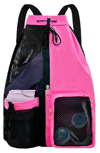 Sac à dos de plage en maille rose imperméable pour homme et femme avec cordon de serrage