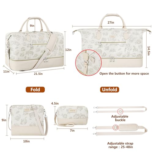 Weekender Bag for Women, Travel Duffel Bag Carry On Overnight Bag with Shoe Compartment Large Nylon Travel Tote Bag 21.5" with Toiletry Bag for Traveling Business Weekend Trip Gift 3Pcs Set, 4-Beige by ITIEZY - Used condition - Image 5