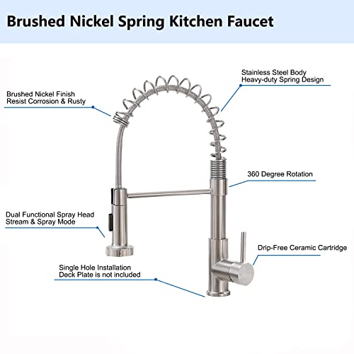 Shaco Commercial Brushed Nickel Kitchen Faucet With Pull Down Sprayer, Modern Stainless Steel Single Handle Spring Kitchen Faucets For Farmhouse Outdoor Rv Camper Laundry Prep Wet Bar Sink 1 Hole #TOP3
