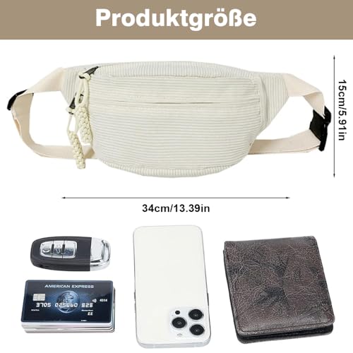 Cord Umhängetasche Damen 34×15cm, Gürteltasche Hüfttasche mit Schultergurt Einstellbar - Stilvolle und Praktische Bauchtasche für Lässige Ausflüge (Weiß)