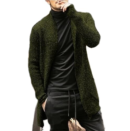 Image of Wekumgy Mens Cardigan Sweater Shawl Collar Cable Knit Cardiagn Long Winter Open Front Sweaters with Pockets Army Green