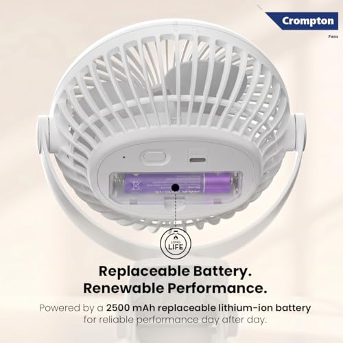 Image of Crompton Siro Rechargeable Clip Fan 100MM | Safety Grill Design | Replaceable Battery | Type-C Charging | 360 Adjustable Rotation | Personal Cooling Fan for Desk, Bedroom & Travel (White)