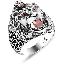 Silver Leon Head Ring, Ruby Red Stone Leon Ring, Handmade Wild Lion Ring, Large Leon Animal Ring, Father Day Gift, 925k Sterling Silver Ring