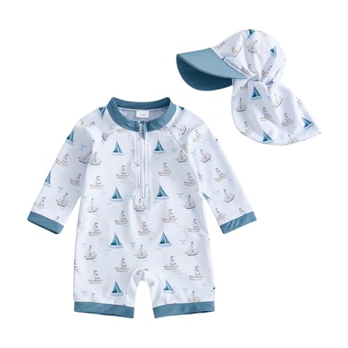 Madjtlqy Toddler Boys Rash Guard Swimsuit Funny Print Zipper Long Sleeve Bathing Suit Infant Bathing Suit Swimwear Beachwear (White Blue Boat, 18-24 Months)