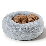 Dog Bed Calming Beds for Small Medium Dogs - Round Donut Washable Dog Bed, Anti-Slip Faux Fur Fluffy Donut Cuddler Anxiety Cat Bed(Light Grey 24')