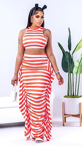 Image of YUEWOO 2 Piece Outfits for Women Sexy Crop Top Ruched Bodycon Maxi Dresses Fringe Skirt Sets Night Club Jumpsuits