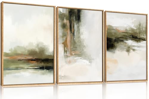 Image of KAIRNE Green Abstract Neutral Framed Canvas Wall Art Set,Modern Watercolor Shapes Wall Decor,Minimalist Pastel Art Prints,Brown Gray Tan Artwork for Living Room,Bedroom,Farmhouse,Office-16 x24 x3