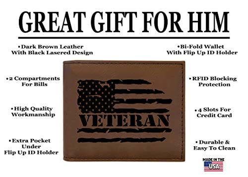 USA American Tattered Flag Veteran Men's Leather Bifold Wallet RFID Gift For Him Dad Father United States Billfold Military Veteran2