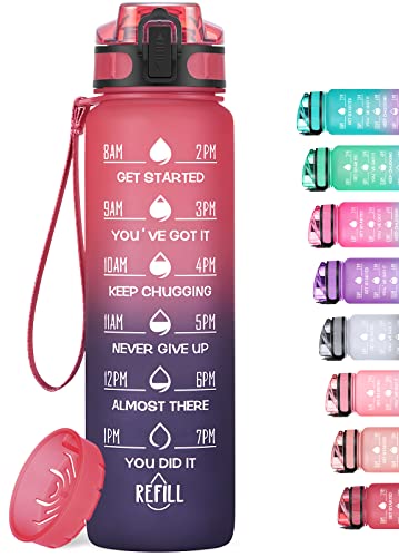 Image of 32oz Motivational Water Bottle with Time Marker & Fruit Strainer, Leak-proof BPA Free Non-Toxic 1l Bottle with Carrying Strap, Perfect for Fitness, Gym and Outdoor Sports (Ombre: Dark Rainbow)