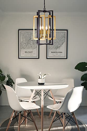 Tochic Black-Gold Metal Farmhouse Chandelier, 4 Light Geometric Cage Chandelier Candle Pandent Light For Hallway Entryway Living Room Kitchen Island Foyer Bar #TOP2