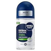 NIVEA MEN Derma Control Sensitive Roll-On Deodorant 50ml | With Pure Hyaluron & Vitamin E | 72-Hour Anti-Perspirant for Men | Skin Soothing Formula