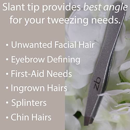 Zizzili Basics Tweezers - Surgical Grade Stainless Steel - Slant Tip For Expert Eyebrow Shaping And Facial Hair Removal - With Bonus Protective Pouch - Best Tweezer For Men And Women #TOP2