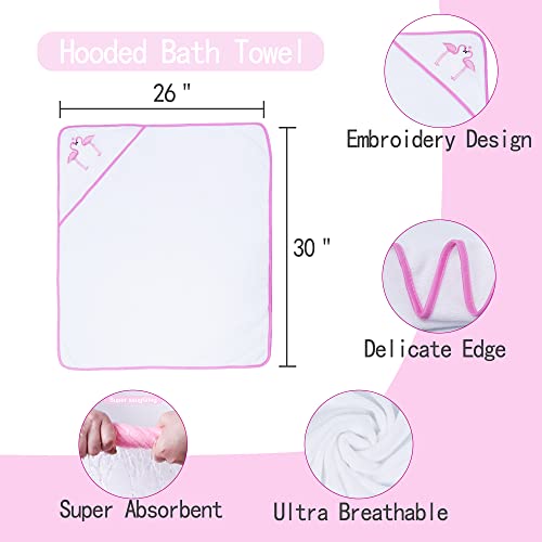 Image of Viviland Baby Towels and Washcloths, Soft Absorbent Baby Girl Bath Towel Set, Flamingos Hooded Towels with 5 Infant Washcloths (6 Pieces)