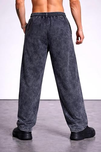 Image of boffi ... 100% Cotton Men's Relaxed Fit Pants, Wide Leg Fit, Acid Wash, Drawstring Elastic Waist, Casual Street Style