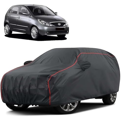 Image of Sulfar 100% Water Resistant Car Body Cover Compatible with Mirror for Tata Indica Vista (Triple Stitched, Full Bottom Elastic, Dark Grey Taffeta with Red Piping)