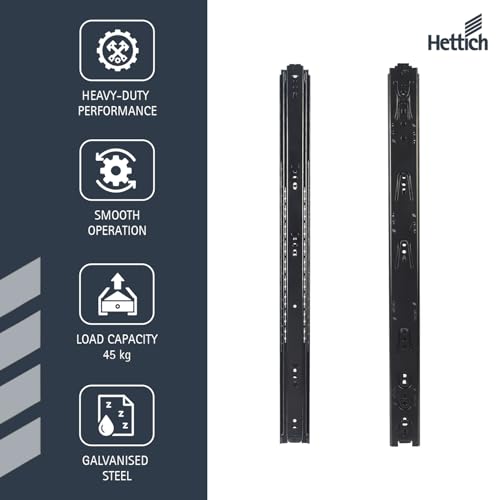 Image of Hettich KA 5632 Side Mounted Telescopic Drawer Channel Runner, Zinc Finish, 45 kg Capacity, for Home Kitchen Wardrobe Drawers, Pack of 1 Pair (2 Pcs)