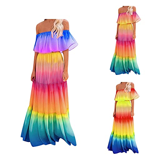 Summer Dresses for Women Casual Off Shoulder Tiered Maxi Dress Fashion Plus Size Boho Beach Party Long Dress Blue