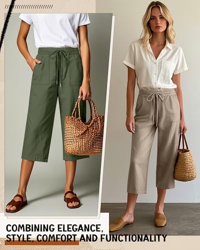 Riyiper 2 Pcs Women's Cotton Linen Wide Leg Capri Pants, Drawstring Casual Cropped Trousers Loose Palazzo Pants with Pockets(Army Green, Gray Coffee,XX-Large)4