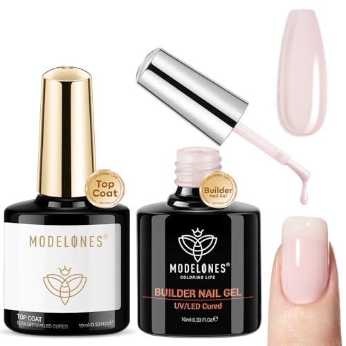 Image of modelones Builder Nail Gel with Gel Top Coat, 8-In-One Cover Nude Builder Acid Free Top Coat for Nail Thickening Apex Building Rubber Color Base Polish Shine Finish, LED Lamp Cured 10ml Home DIY Salon