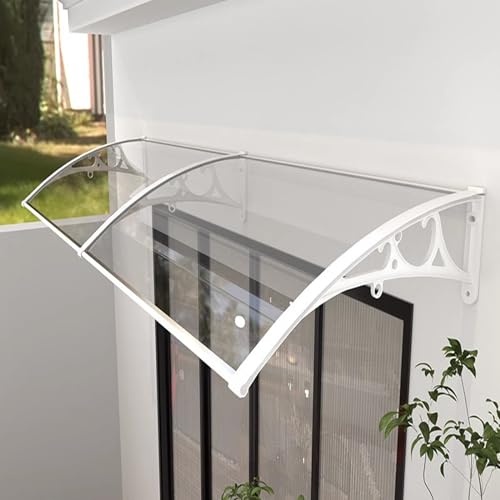 Toldo para puerta delantera, toldo de jardín y patio, cubierta de puerta de policarbonato transparente, protección UV contra la lluvia y la nieve, toldo de entrada con soporte blanco (39 x 114