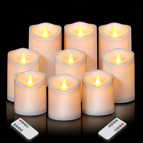 Image of Artmarry Flameless Candles Outdoor Indoor Pillars Battery Operated Flickering Candles Include 10-Key Remote Timer 400+ Hours by 2 AA Batteries (White Candle - Warm Light, 3 inch D x 4 inch|5 inch|6 inch H - 9 Pack)
