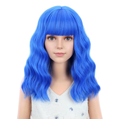 Image of PATTNIUM Kids Blue Wig Short Blue Wig with Bangs for Girls Children Mixed Blue Wigs Cosplay Party Synthetic Wigs(Mixed Blue)