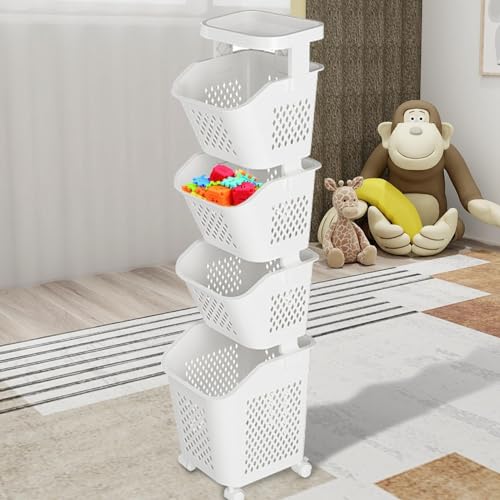 3/4 Tier Laundry Basket with Wheels Multi Layer Hamper for Dirty Clothes Removable Pulley & Shelves Versatile Storage for Home & Bathroom - Image 4