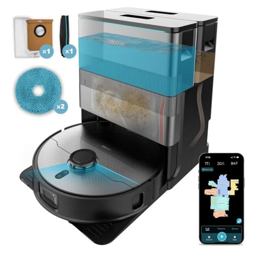 Cecotec Robot Aspirador con Base Autovaciado e IA Conga X100. Láser e Inteligencia Artificial con Cámara, Motor Succión 20000Pa, Mopas Giratorias Elevables, Cepillo Lateral y Mopa Derecha Extensibles