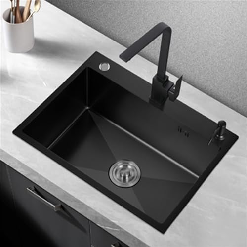 Drop In Black Kitchen Sink,304 Stainless Steel Sink,7 Shaped Faucet Single Bowl Bar Sinks With Full Set Accessories ,Black Stainless Steel Sink Washing, Draining 2-in-1 Utility Sink ( Size : 80*45cm )