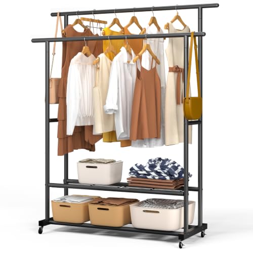 VOUNOT® Burro Ropa Resistente, Perchero Burro Metálico Doble Barra con Ruedas y 2 Estantes Inferiores, Organizador Móvil de Ropa con Zapatero, Colgador para Dormitorio y Vestidor, 121x40x147 cm, Negro
