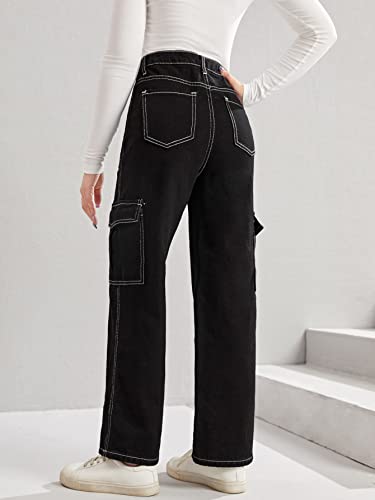 Wdirara Girl's High Waist Flap Pocket Cargo Jeans Casual Button Denim Pants Black 10-11Y #TOP1