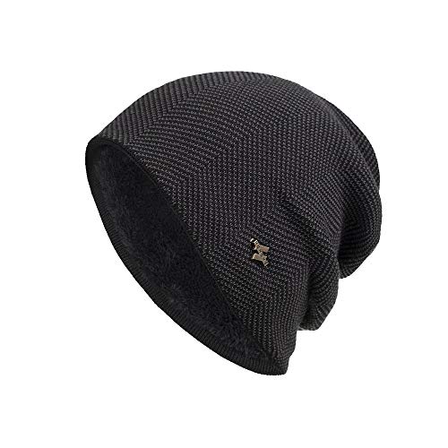 FABEILAI Men & Women Winter Skull Cap Beanie Large Knit Hat with Thick Fleece Lined Daily, F - Black, One size
