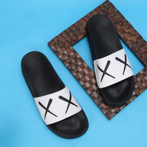Image of PERY-PAO Sliders Mens White, Sky Blue Stylish Printed Flip Flop & Slippers