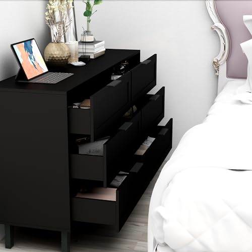 Image of Modern Wooden Dresser with Drawers, Tall Bedroom Storage Chest of Drawers, Wide Storage Dresser for Bedroom, Living Room, Entryway, Sturdy Organizer Cabinet Furniture,Black