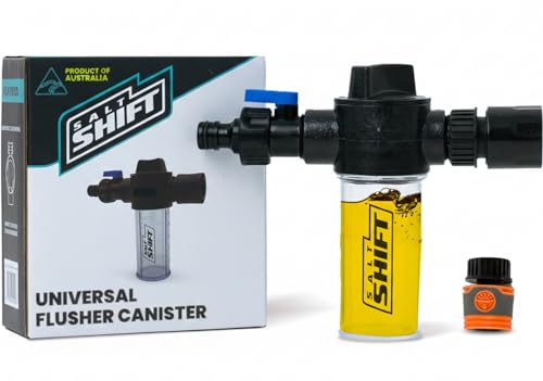 Salt Shift Universal Flusher Canister - Marine Engine Flush Adapter for Boats, Jet Skis, PWC, with 3 Flow Rate Settings, 100ml Capacity, Easy On/Off Valve, Durable Salt Remover Flushing, Mixer Tool