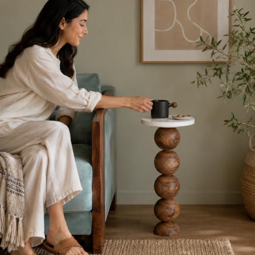 Image of Liva Solid Wood End Table - Abstract Designer Side Table for Living Room and Bedroom - Brown Finish, Sheesham Ball Pack Sofa Table |