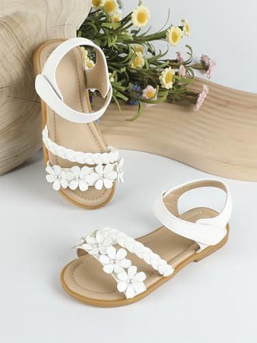 Image of OYOANGLE Girl's Flower Decor Braided Flat Sandals Open Toe Ankle Strap Dressy Sandals White CN33, 4.5 Big Kid