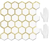 STICKGOO Hexagon Peel and Stick Backsplash Tile, Stick on Backsplash for Kitchen and Bathroom, Pure White PVC Mixed Metal Gold Self Adhesive Wall Tiles(10 Sheets, Seamless)