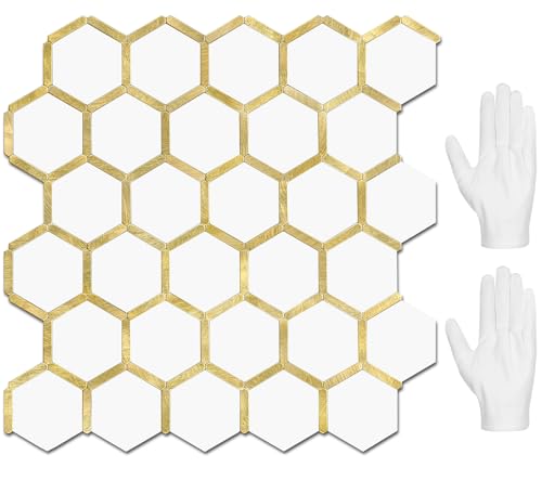 STICKGOO Hexagon Peel and Stick Backsplash Tile, Stick on Backsplash for Kitchen and Bathroom, Pure White PVC Mixed Metal Gold Self Adhesive Wall Tiles(10 Sheets, Seamless)