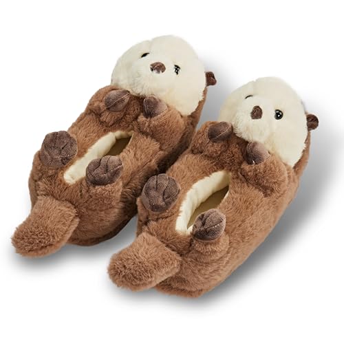ooohyeah Kids Fuzzy Funny Otter Slippers, Cute Non-Slip Winter Warm House Shoes for Boys & Girls, Abe, Shoe Size 1-4