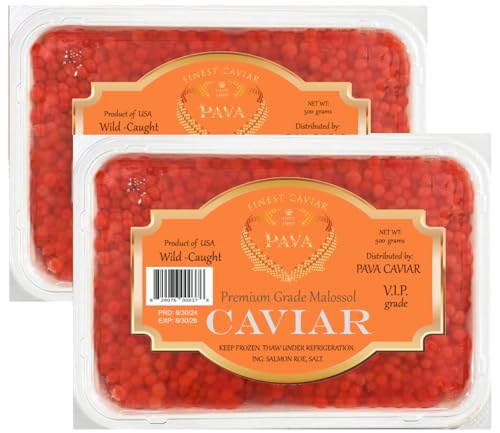 Malossol Red Caviar Salmon Roe 2 PACK, 17.6 oz. Each (Total 1 Kg) Wild Caught USA, 1000 Grams (2.2 lbs) Wild Coho Salmon Caviar, Ikura