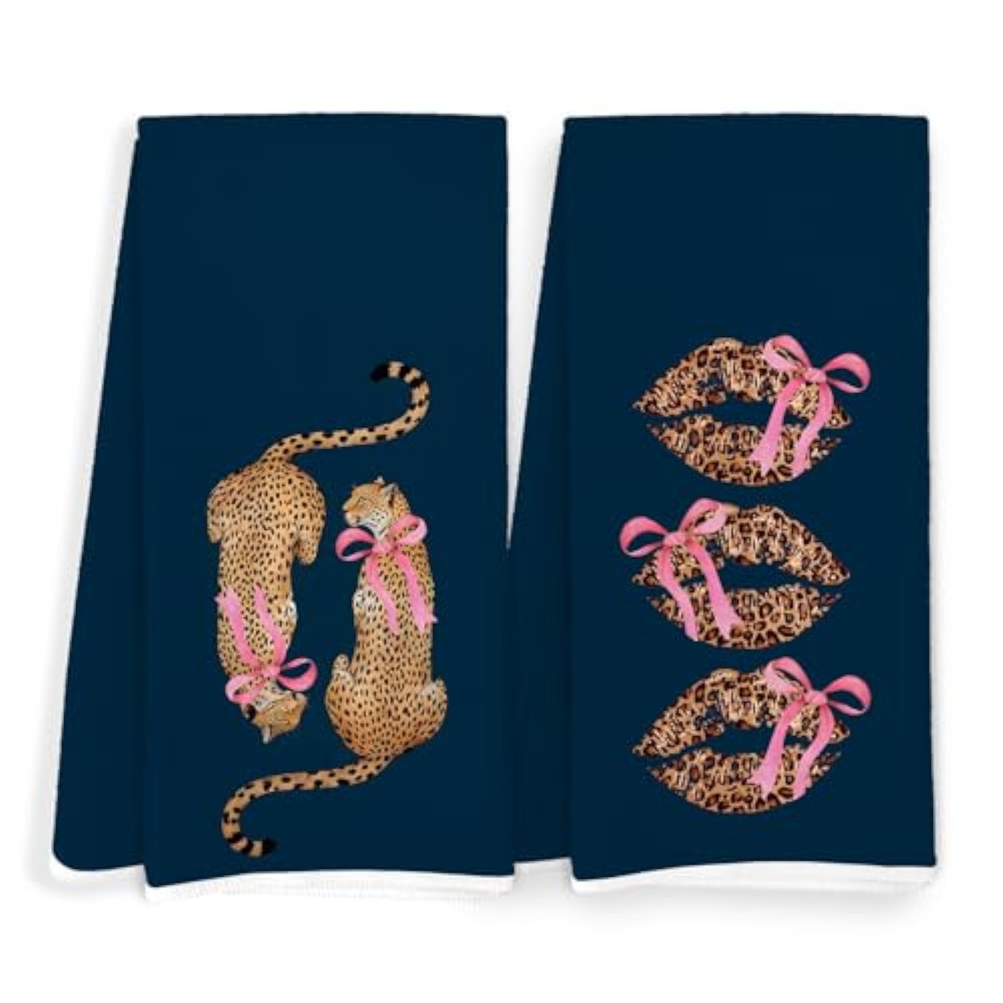 Coquette Pink Bow Cheetah Lips Kitchen Towels, Trendy Decor