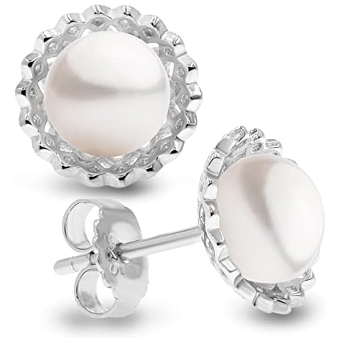Women Pearl Earrings Freshwater Cultured Pearls Button Shape 7,5 to 8 mm by SECRET & YOU | Rhodium-plated Sterling Silver 925 Cover