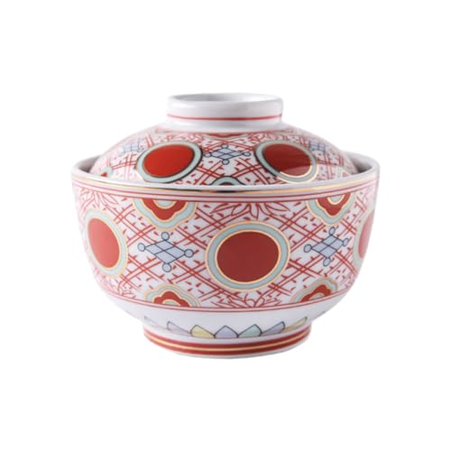 MOLUCKFU Tazón de Cerámica Japonés con Tapa para Sopa y Ramen, Cuenco Práctico Rojo para Servir Arroz y Miso, Vajilla Versátil para Cocina y Hogar, Adecuado para Comidas Calientes