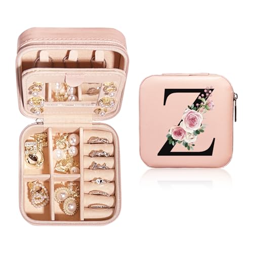 JEKUGOT Joyero personalizado pequeño – Joyero de viaje con espejo, organizador de joyas de viaje, caja de almacenamiento, regalo de cumpleaños para mujeres, madres y amigos (A), Leder