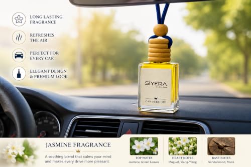 Image of SiYERA Hanging Car Perfume with natural Essential Oils | Car Air Freshener 10ml | Long-Lasting jasmine Aroma upto 45 days | Glass Bottle with Wooden Diffuser Lid