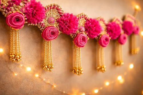 Image of iHandikart, Handmade Decorative Flower Toran, Color - Pink, with Artifical Pink Flower, Square Moti Chudi, Beads, Size - 40x15 Inch, Perfect Used for - Festival Decoration, Home Decor, (IHK-T161)