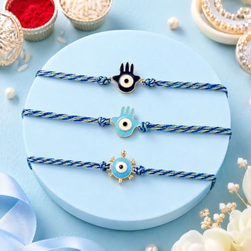 Image of FINEMOE Blue Evil Eye Rakhi Set for Brother, Nazariya Combo, Set of 3
