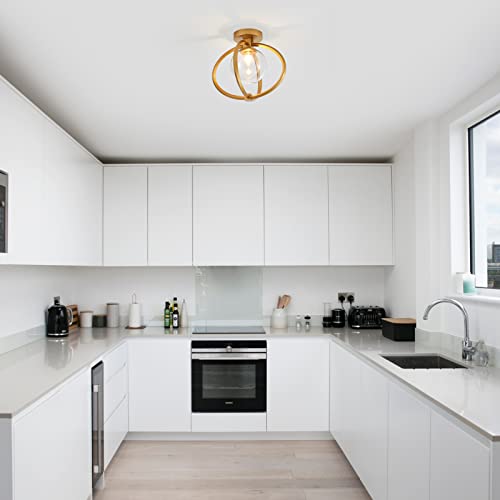 Mhytogn Modern Semi Flush Mount Ceiling Light, Clear Glass Globe And Antique Brass Brush Paint Finish Cage Shade Mini Chandelier For Porch Hallway Kitchen Bedroom Balcony #TOP4